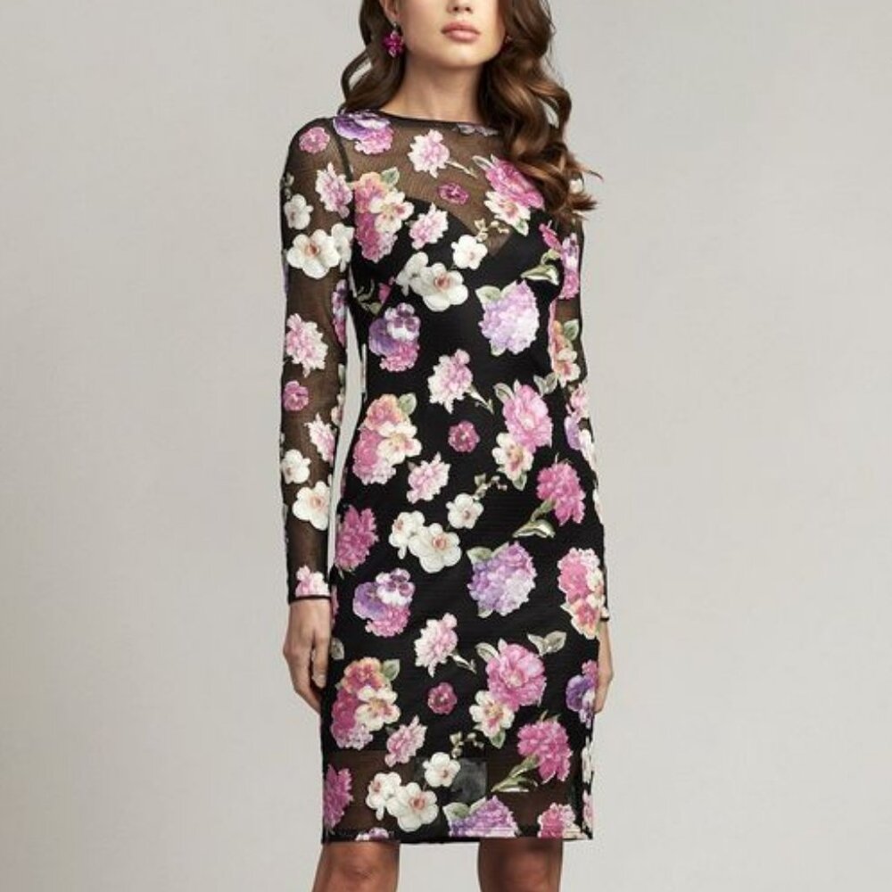 Tadashi Shoji Rumi Floral Illusion Dress cutout mesh bodycon size 6 black pink